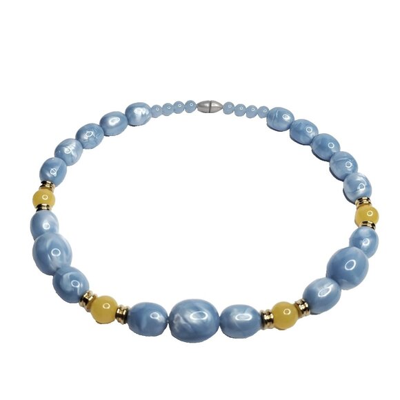 Light Blue Beaded Necklace Pearlescent Swirl w/ Butterscotch Yellow Gold 19 3/4" - Picture 1 of 3